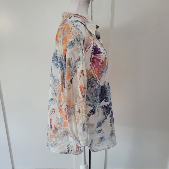 Chico’s Size 3 XL Watercolor Floral Print Button Up Linen Blend Art to Wear - Picture 2 of 9